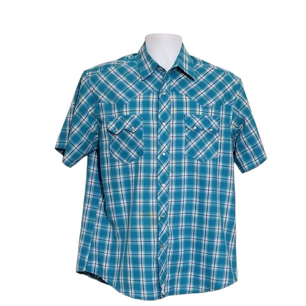 VINTAGE Wrangler Shirt Mens Large Blue Metallic Plaid Pearl Snap Western Casual